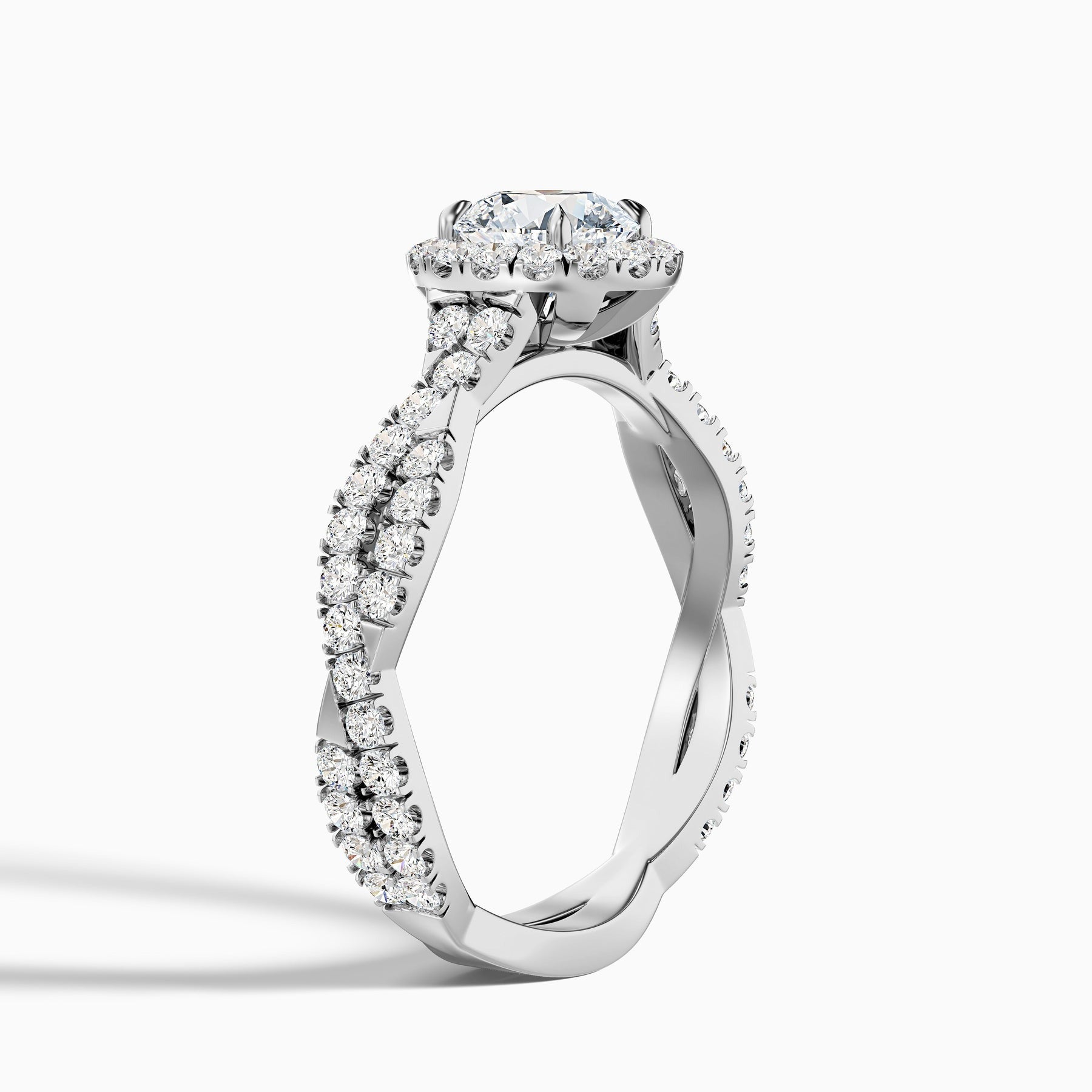 Phantom Round Cut Halo Twisted Pave Moissanite Engagement Ring
